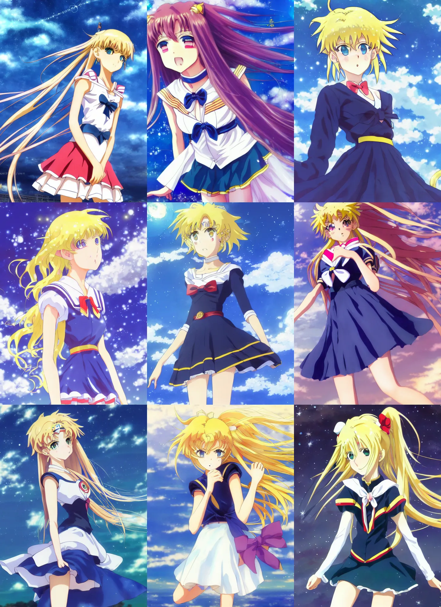 Prompt: beautiful anime art by Makoto Shinkai, Rating: General, Tags: blonde hair, sailor moon, sailor moon!!!!!!!!, kachin bishoujo_senshi_sailor_moon sailor_moon tsukino_usagi highres 1girl blue_eyes blue_skirt bow choker circlet collarbone crescent crescent_choker crescent_earrings crescent_moon diffraction_spikes double_bun earrings gem glint gloves hair_bun jewelry long_hair moon open_mouth pointing pointing_at_viewer pose red_bow redchoker skirt sky solo star(sky) starry_sky, twintails white_gloves