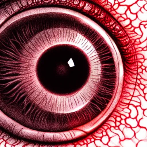 Image similar to a detailed extremely close up of inside the iris, cornea, red image, microscopic, extremely close up drawing by junji ito, cgsociety, generative art, lovecraftian, parallax, cosmic horror, extremely detailed, hyperrealism, unreal engine, octane render, award winning, masterpiece, highly detailed, realistic, 4 k, digital