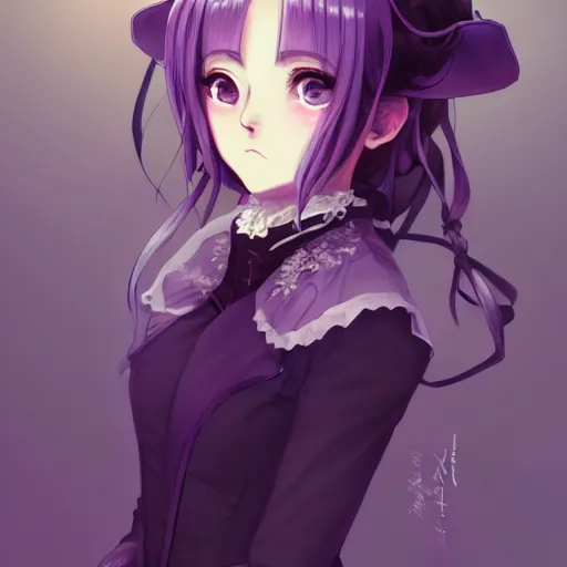 Image similar to wearing full clothing in full clothing victorian dress, beautiful anime woman, purple hair, red eyes, weapon, steampunk, symmetrical face, symmetrical eyes, full round face, short smile, detailed, winter setting, cinematic lighting, medium shot, mid - shot, makoto shinkai, artgerm, ilya kuvshinov, loish