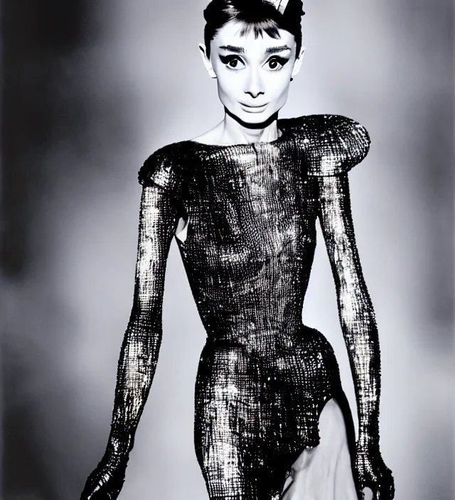 Image similar to photography of seductive actress audrey hepburn wearing an exraordinnary but element dresse by * iris van herpen *. accent lighting,, highly detailed, photography by paolo roversi, nick knight, helmut newton, avedon, araki