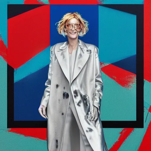 Image similar to !dream portrait of Julia Roberts looking like Andy Warhol wearing a silver coat. Background has many dancing colorfull seagulls flying around, hypermaximalistic, high details, cinematic, 8k resolution, beautiful detailed, insanely intricate details, artstation trending, octane render, unreal engine