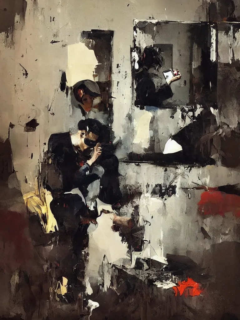 Image similar to a beautiful picture by joram roukes of a man looking at his phone in a bathroom, color bleeding, brushstrokes by jeremy mann, head skull