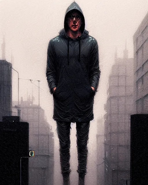 Image similar to blade runner, hyper - realistic portrait man in hoodie, real street, rain, cinematic, by atey ghailan, by greg rutkowski, by greg tocchini, by james gilleard, by joe fenton, by kaethe butcher, 8 k, very intricate, 8 0's, night