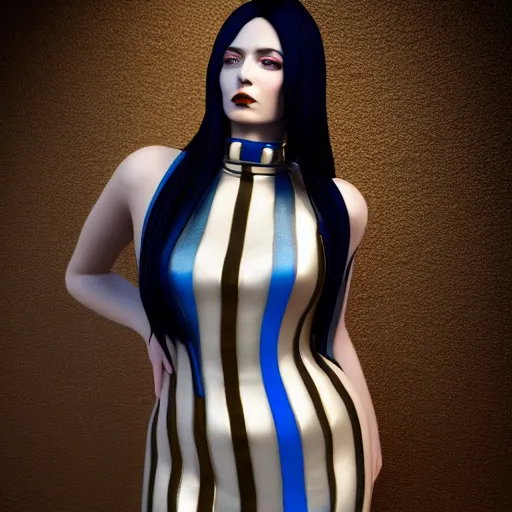 Prompt: comforting portrait of a pale hot goth woman with elegant multilayered gold-blue-silver tight leather high-neck striped dress, curvy thin waist, photorealistic, sublime, 16k, smooth, sharp focus, cgsociety, trending on ArtStation, volumetric lighting