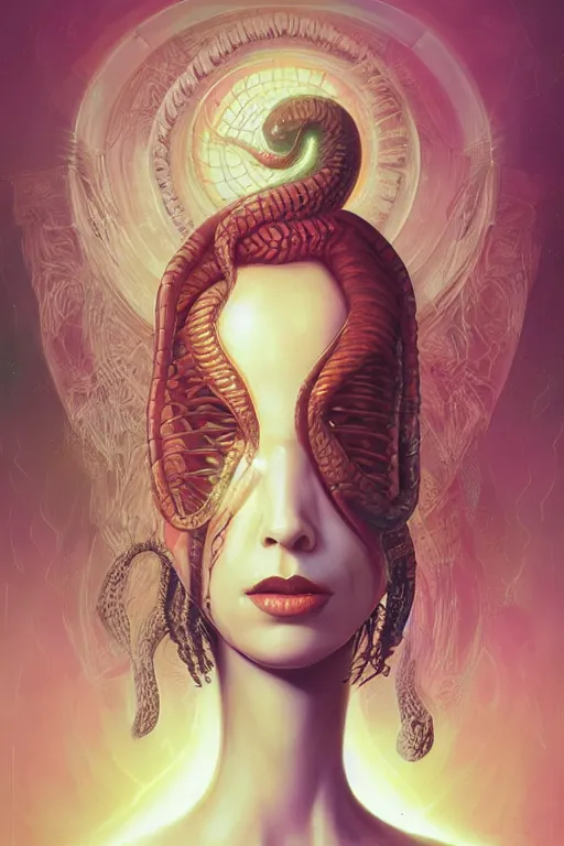 Image similar to portrait of an elegant alien queen with dreads snake hair, straight on portrait, by artgerm, tom bagshaw, gerald brom, vaporwave colors, lo fi colors, vaporwave, lo fi, 2 point studio lighting, dramatic lighting, 4 k, hd,