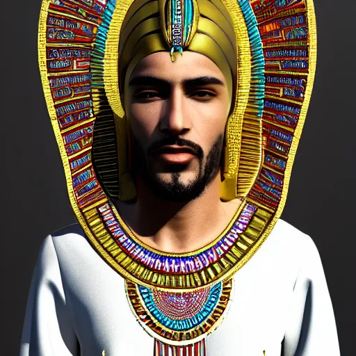 Prompt: a man in egyptian clothing wearing rings and jewlery on his neck, 8k resolution, serene, magical, digital art, hyperdetailed, Unreal Engine