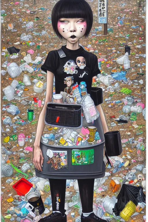 Prompt: full view, from a distance, of anthropomorphic trashcan from tokyo, full of trash, style of yoshii chie and hikari shimoda and martine johanna, highly detailed