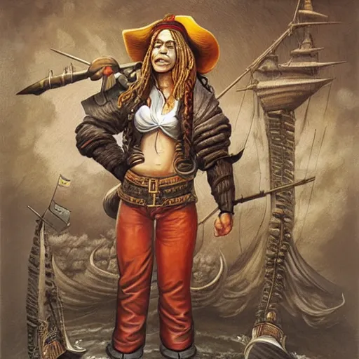 Image similar to full body concept art of a female pirate by Jacek Yerka