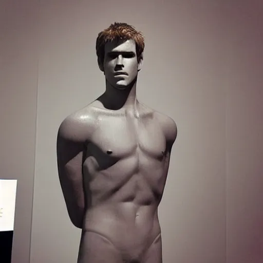 Image similar to “ a realistic detailed photo of a guy who is an attractive humanoid who is half robot and half humanoid, who is a male android, actor liam hemsworth, shiny skin, posing like a statue, blank stare, at the museum, on display ”