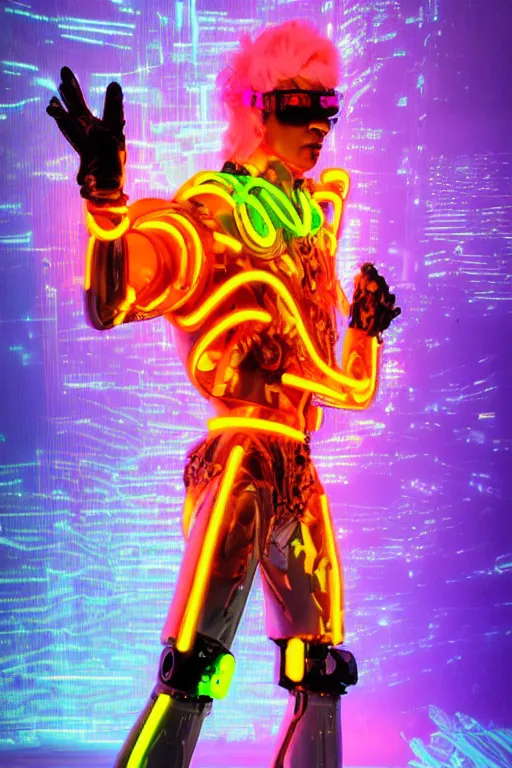 Image similar to full-body neon porcelain baroque cyberpunk style sculpture of a muscular handsoe prince as a high-fashion half-robot wearing retro shades with a porcelain body, corrupted battery, leaking glowing neon radioactive liquid, electric sparks, glowing violet laser beam eyes, crown of giant crt monitors, flowing pink and orange neon-colored glitched silk, luminescent fabrics, mechanical raptors. baroque and steampunk elements. full-length view. baroque element. intricate artwork by caravaggio. Very very very very highly detailed epic photo of face. Trending on artstation, octane render, cinematic lighting from the right, hyper realism, octane render, 8k, depth of field, 3D