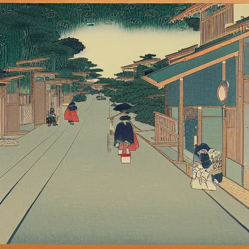 Prompt: painting of suburban american street, katsushika hokusai style