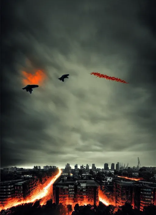 Prompt: city overgrowth on fire + a lone man + school of fish flying in the sky + (((habitat 67))), Mads Berg, Karolis Strautniekas, film noir, finely stippled light, dramatic lighting,editorial illustration, detailed,fine texture, matte print, dark blue + dark orange, red, black, extreme perspective