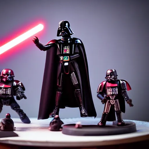 Image similar to Darth Vader collects miniature battles of Warhammer 40,000 space marine figurines on his desktop at a table with a bright lamp, realism, depth of field, focus on Darth Vader,