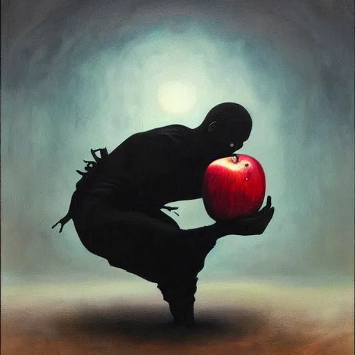 Prompt: an oil painting of an apple painted by Esao Andrews. Circa Survive album cover art. Dark. Muted colors. Gothic. Oil painting with brush strokes. Creepy.