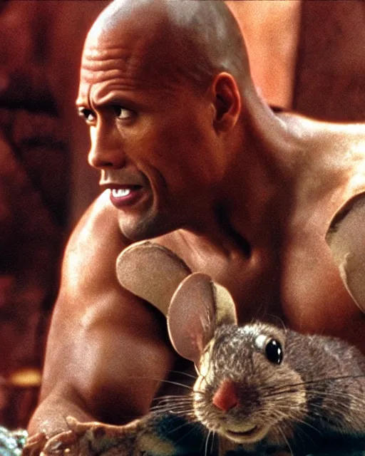 Image similar to film still close - up shot of dwayne johnson as stanley ipkiss petting a mouse in the movie the mask. photographic, photography