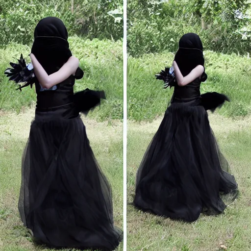 Image similar to ghost girl blindfolded in black wedding dress