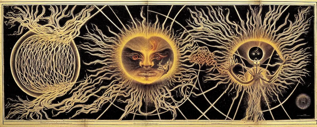 Image similar to a strange fire creature with endearing eyes radiates a unique canto'as above so below'while being ignited by the spirit of haeckel and robert fludd, breakthrough is iminent, glory be to the magic within, in honor of saturn, painted by ronny khalil