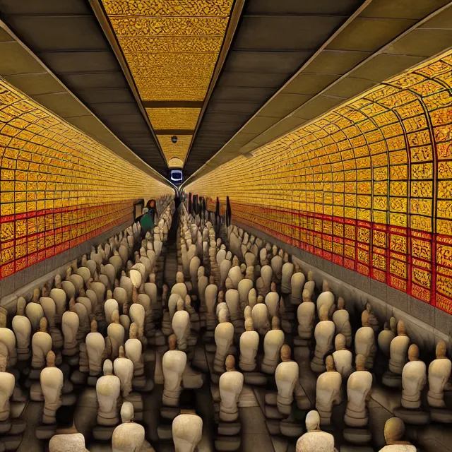 Image similar to a beautiful painting the subway station is full of hundreds of buddhas, by ultra detailed, hyper realistic, volumetric lighting render