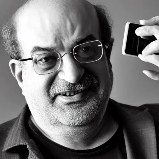 Prompt: selfie of salman rushdie with phone