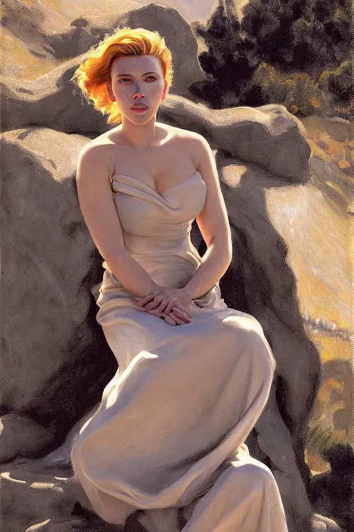 Image similar to portrait of scarlett johansson sitting with full face full figure on a rock near some ruins, in the style of expressionism, soft light, volumetric light, subsurface scattering, translucent skin, john singer sargent