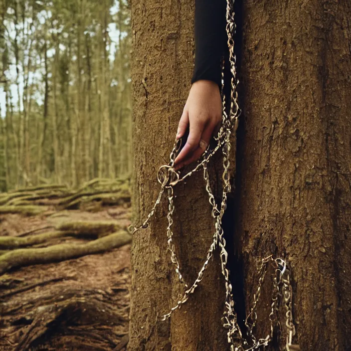 Prompt: a closeup portrait of a woman carrying chains, in a forest, by Charlotte Grimm, CANON Eos C300, ƒ1.8, 35mm, 8K, medium-format print