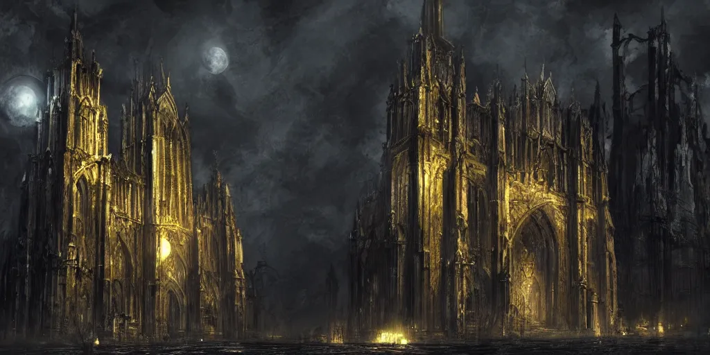 Prompt: cathedral from demons souls, gothic art, concept art, digital painting, trending on art station, night time render, moon light, god rays, highly detailed