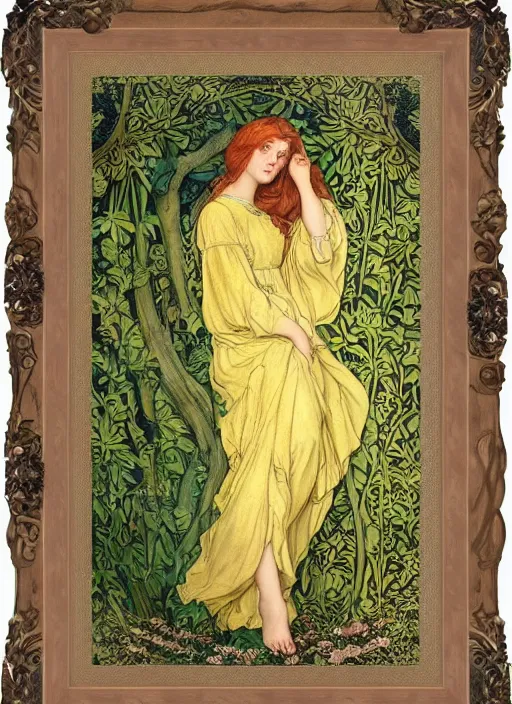 Image similar to masterpiece beautiful seductive flowing curves pose preraphaelite portrait photography, straight bangs, thick set, yellow ochre ornate medieval dress, mushroom forest arch, amongst foliage, william morris and kilian eng and mucha, framed, 4 k