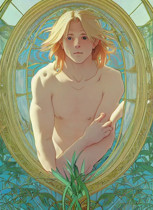 Image similar to pretty young man with shoulder length blond hair, male, half body shot, path traced, highly detailed, high quality, digital painting, by studio ghibli and alphonse mucha, leesha hannigan, hidari, art nouveau, chiho aoshima, posuka demizu