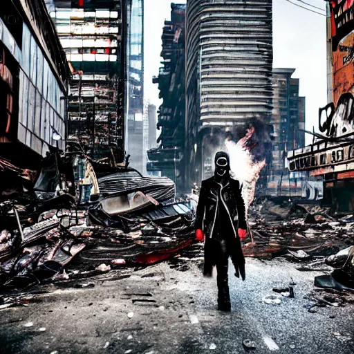 Image similar to post apocalyptic city, revolutionary punk masked up punk, fire, damaged, trash, full shot, by liam wong