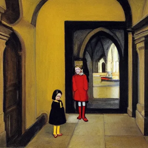 Image similar to a painting of a little girl with black hair and wearing a yellow coat in the middle of a cloister in an abbey by hopper