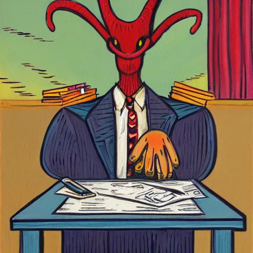 Image similar to an oil painting of an exhausted baphomet at an office desk, in the style of gary baseman, robert crumb, jim henson, expressionism