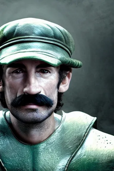 Image similar to very very intricate photorealistic photo of a realistic human version of luigi wearing his hat in an episode of game of thrones, photo is in focus with detailed atmospheric lighting, award - winning details