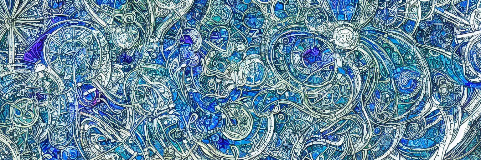 Image similar to shades of blue and green forming art nouveau explosions, white lining, vivid colors, intricate, ornate, circuitry, gears, sparkle, extremely hyperdetailed line art, sharp focus