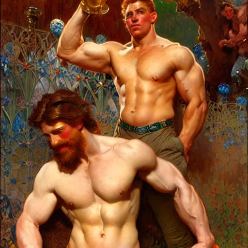 Image similar to attractive muscular mike with ginger hair and muscular attractive ty with brunet hair, drinking their hearts out, boys night out. highly detailed painting by gaston bussiere, craig mullins, j. c. leyendecker, alphonse mucha 8 k