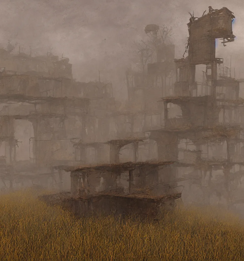 Image similar to rusty broken building constructions of a staircase, the ruins, in the steppe, autumn field, misty background, from the game pathologic 2, early morning, matte painting, by isaac levitan and asher brown durand,