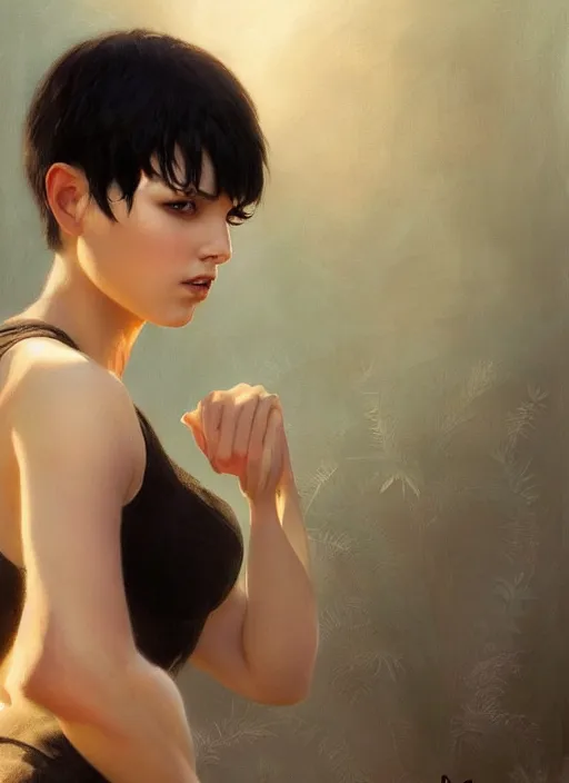 Prompt: girl with black hair, pixie haircut, beautiful highly detailed face, complementary lighting, backlit, dramatic lighting, beautiful painting by artgerm and greg rutkowski and raymond swanland