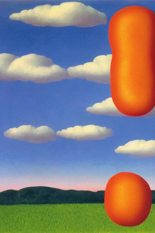 Image similar to Rene Magritte's Son Of Man painting of a bright hotdog vine growing in the clouds, the hotdog has a stem and leaves and is growing more unripe pink hotdogs on the hotdog vine, a baguette and a lobster can be seen in the sky behind