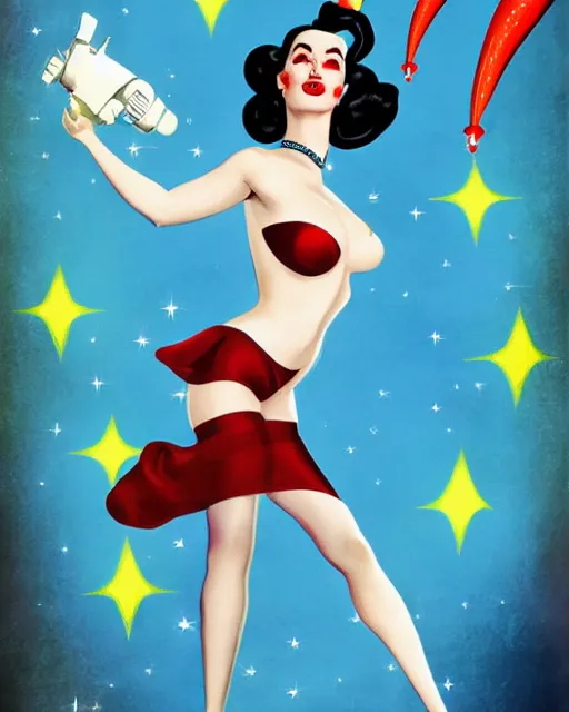 Image similar to retrofuturistic pinup model dita von teese as a varga girl posing on a space ship, in the style of anna dittmann and and alberto vargas.