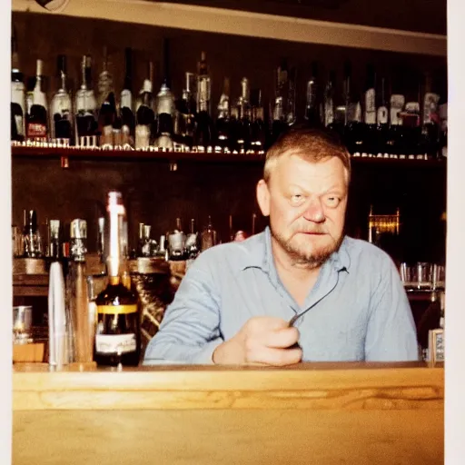 Image similar to lars løkke sitting drunk in the bar, film photo