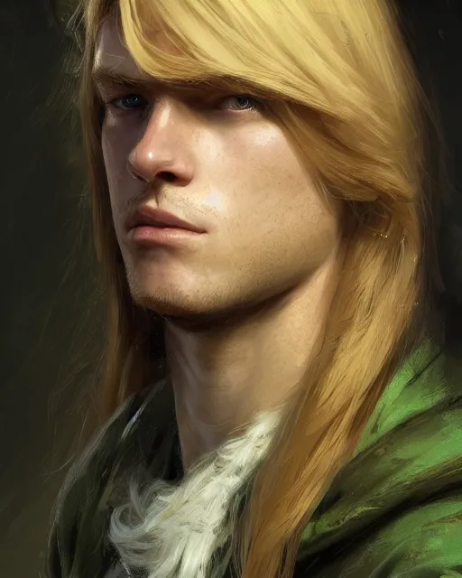 Prompt: half - length portrait of a 1 5 - year - old human male noble with long blonde hair and green eyes, no beard, medieval setting, detailed face, highly detailed, artstation, concept art, sharp focus, by greg rutkowski, craig mullins, artgerm