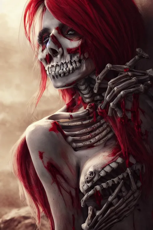 Prompt: skeleton black bones!!, covered with blood, jessica nigri face!!, long red hair, ultra realistic, concept art, intricate details, highly detailed, photorealistic, octane render, 8 k, unreal engine. retro film still, heavy grain, 3 5 mm, art by artgerm and greg rutkowski and alphonse mucha