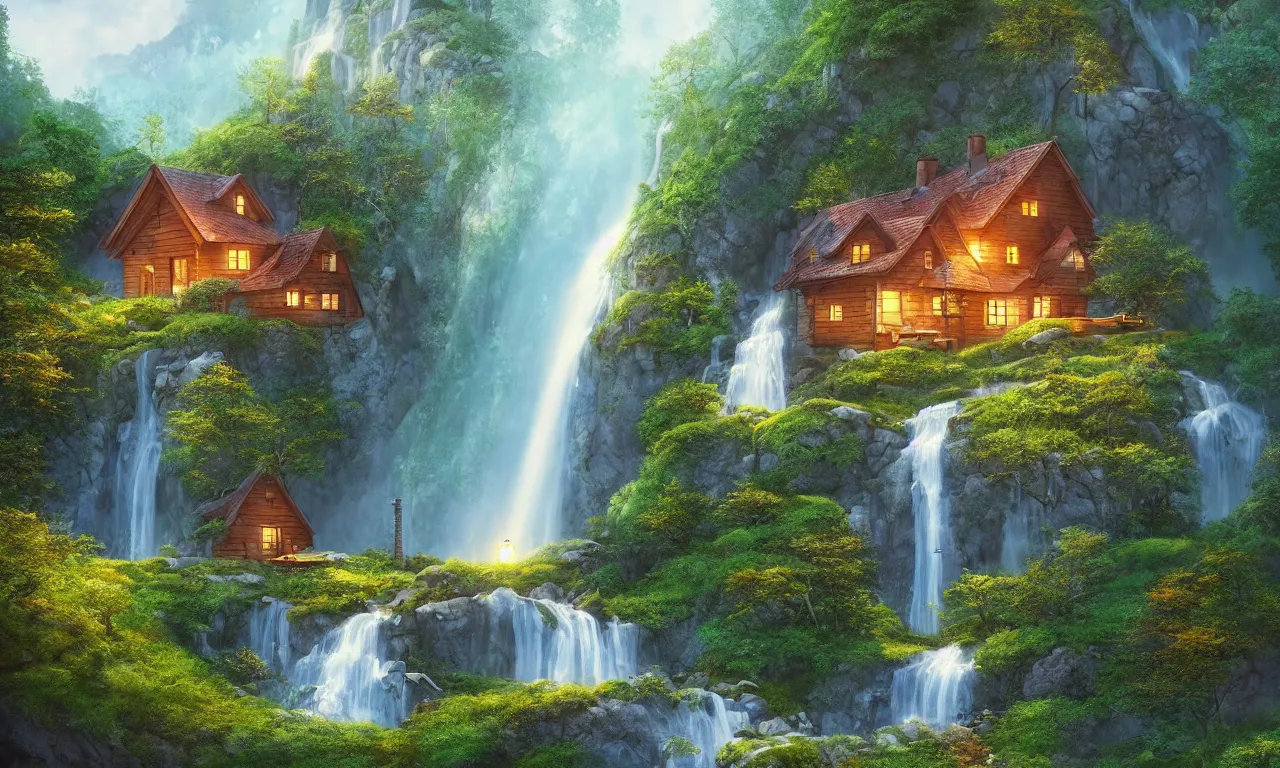 Image similar to scandinavian house in the forest on a hill, pixar, a waterfall flows down from the mountain in the background, vector art, fabulous, global illumination, warm lighting, by jordan grimmer