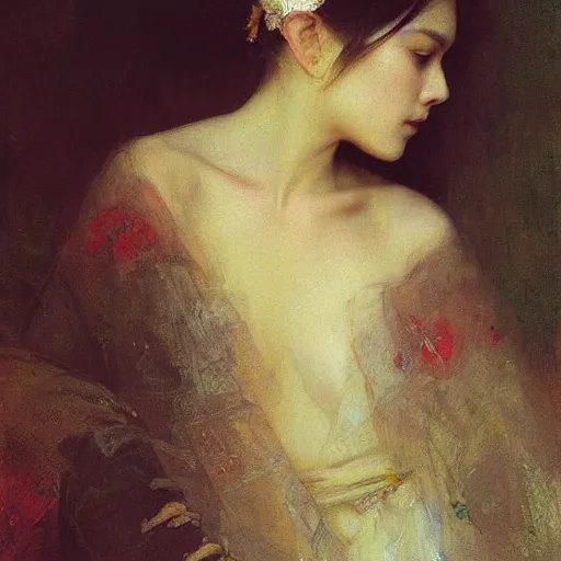 Prompt: portrait of a beautiful woman by ruan jia, mucha