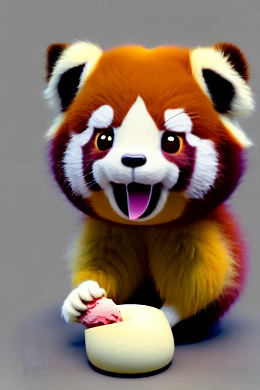 Prompt: high quality 3 d render hyperrealist very cute pastel fluffy red panda & koala hybrid stuffing mouth with ice cream, vray smooth, in the style of detective pikachu, very dramatic light, low angle, uhd 8 k, shallow depth or field