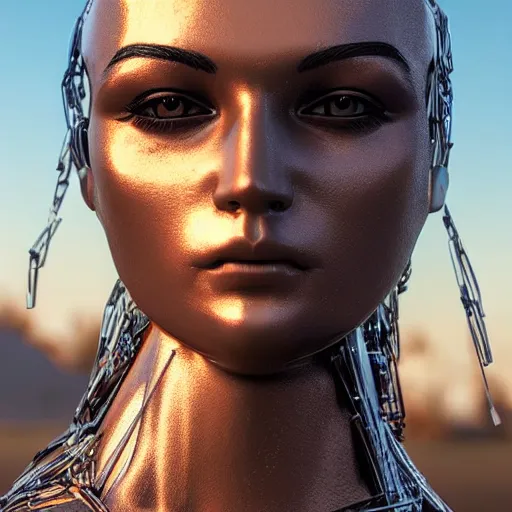 Image similar to womanized humanoid robot made of steel, beautiful face, anatomically correct, unreal engine, ray tracing, 8 k, uhd, ultrarealistic, highly detailed