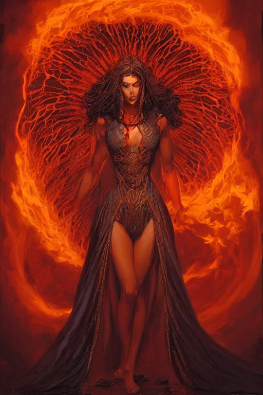 Image similar to beautiful powerful symmetrical gothic goddess of fire stands in a vortex of fire, matte fantasy painting, dynamic gel lighting, by Brom