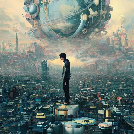 Image similar to a young man walking on clouds away from the camera perfectly centered above post - apocalyptic city by takashi murakami, beeple and james jean, aya takano color style, 4 k, super detailed, modern, 4 k, symmetrical