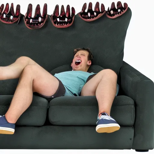 Image similar to a giant sofa with horrific teeth swallowing a person's arm