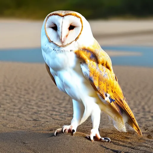 Image similar to barn owl standing in a chair at the beach, canon photo, very detailed, winning award photo, golden hour