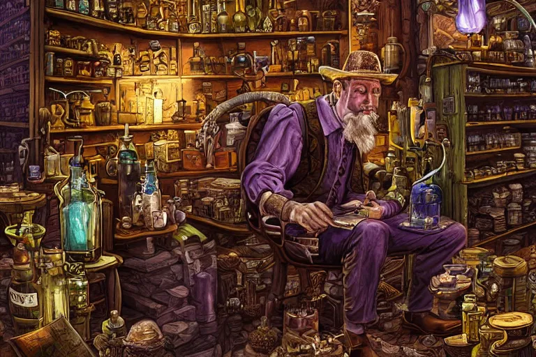 Image similar to Uncle Aloysius, snake oil salesman, wild west crypto pharmaceutical industrialist apothecary alchemist tinkerer engineer, cute, fantasy, intricate, elegant, highly detailed, digital painting, 4k, HDR, concept art, smooth, sharp focus, illustration, purple green color scheme, art by Ed Roth and H R Giger and Greg Rutowski